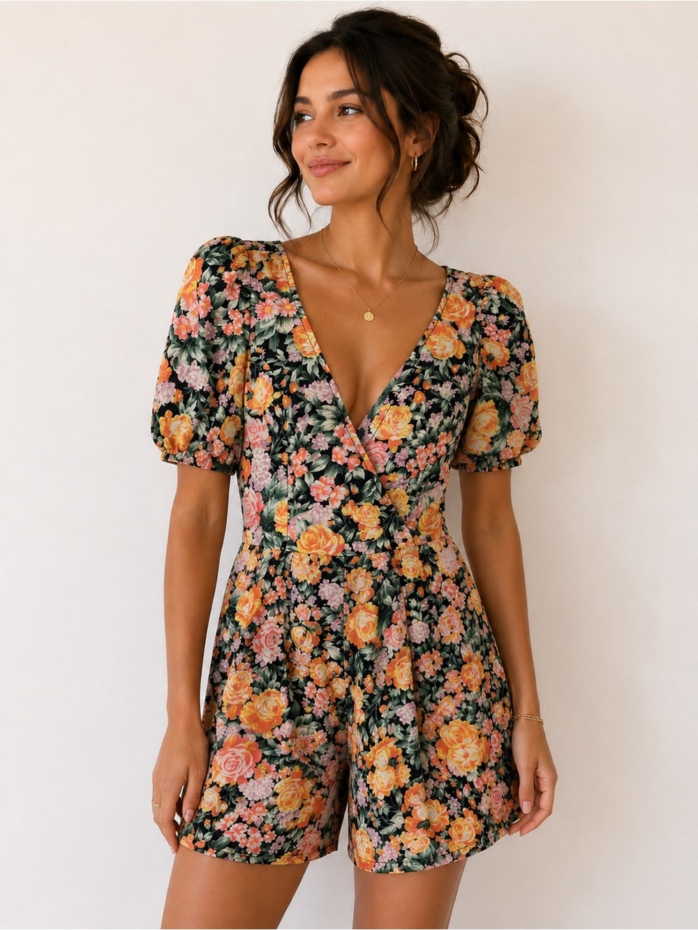 American Eagle Floral Linen Blend Romper Small Cottagecore Puff Sleeve